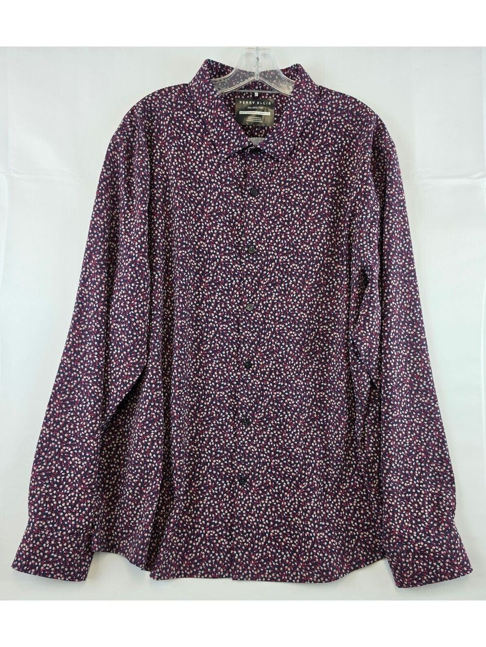 Perry Ellis Men's XXL Slim Fit Button-Up Shirt Navy Blue with Red and White Dot-